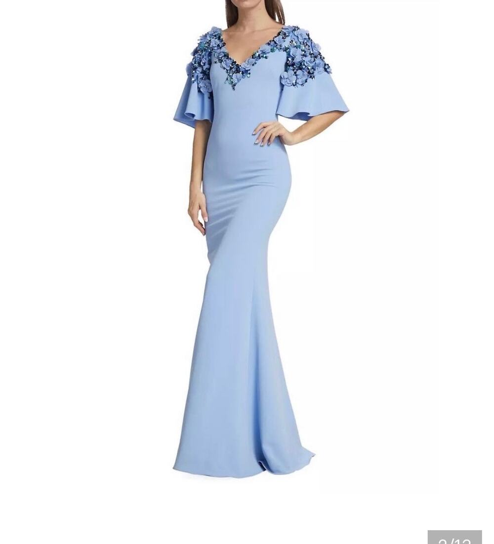 Badgley Mischka Blue 3D Floral Applique Sequins Formal Evening Maxi Dress Size 8